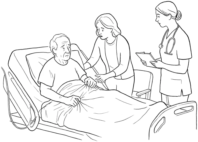 Line drawing of an older man in a hospital bed gripping the sheets and looking worried, with his daughter and a nurse beside him