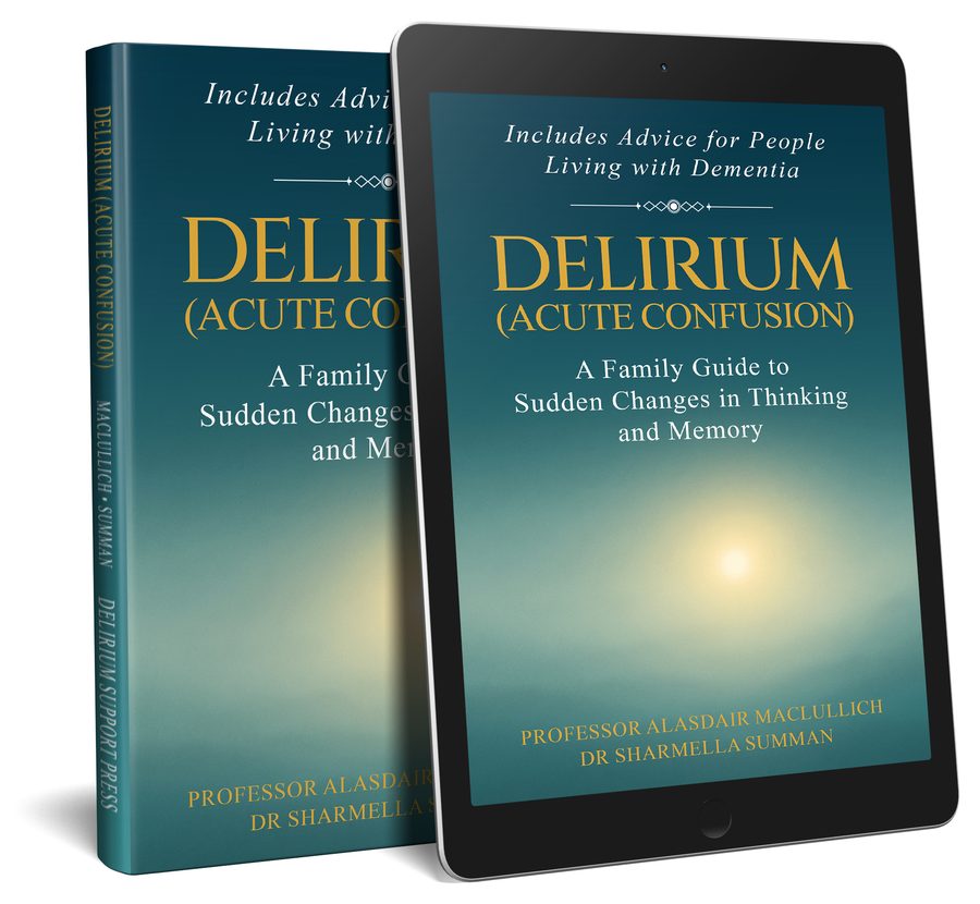 The paperback of Delirium (Acute Confusion): A Family Guide beside a tablet showing the e-book cover