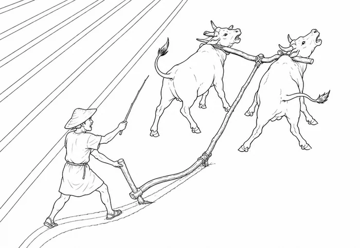 Line drawing of a Roman farmer with a plough pulled by two oxen, turning away from the straight furrows